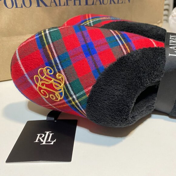 Women's Lauren Ralph Lauren RLL Embroidered LOGO Red Tartan Fleece Slipper M 7-8 - Picture 1 of 8